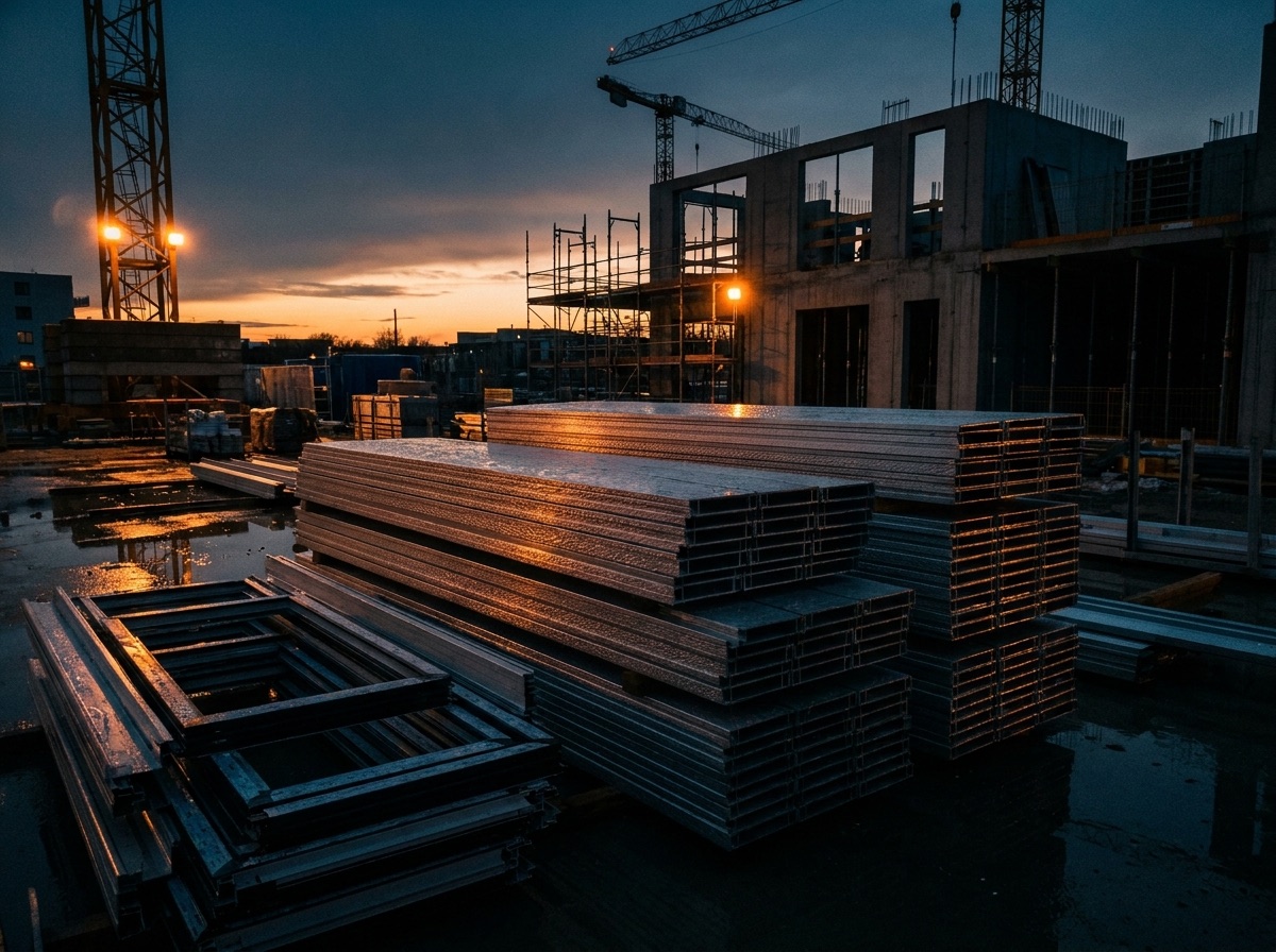 Aluminium cladding and framing materials at a construction site